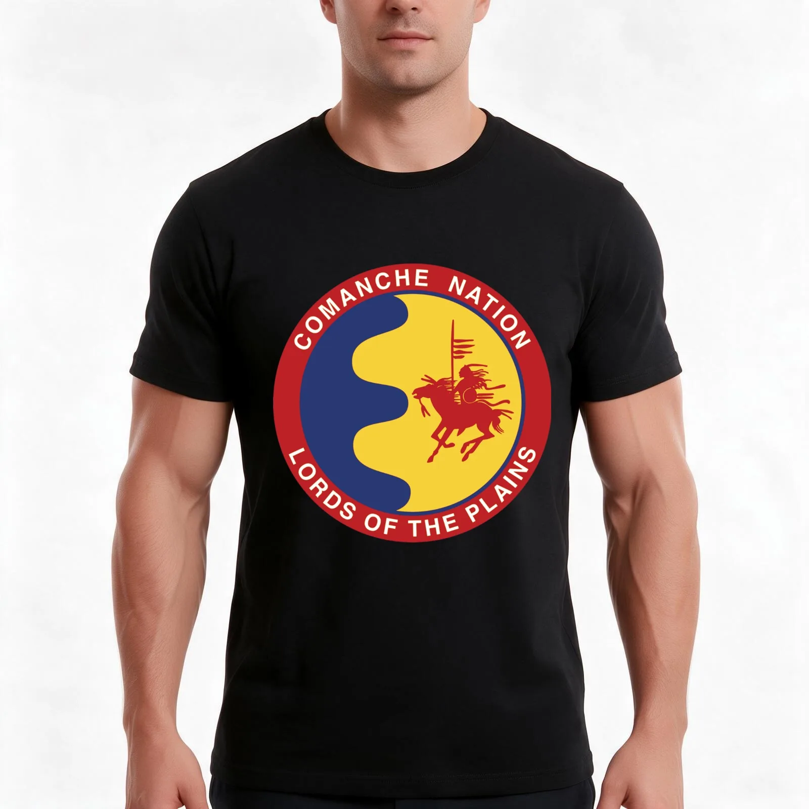 Comanche Nation Seal Lords Of The Plains Sticker T-Shirt, Summer Casual Cotton Tee, Oversized Streetwear Tops, Unisex Men Women