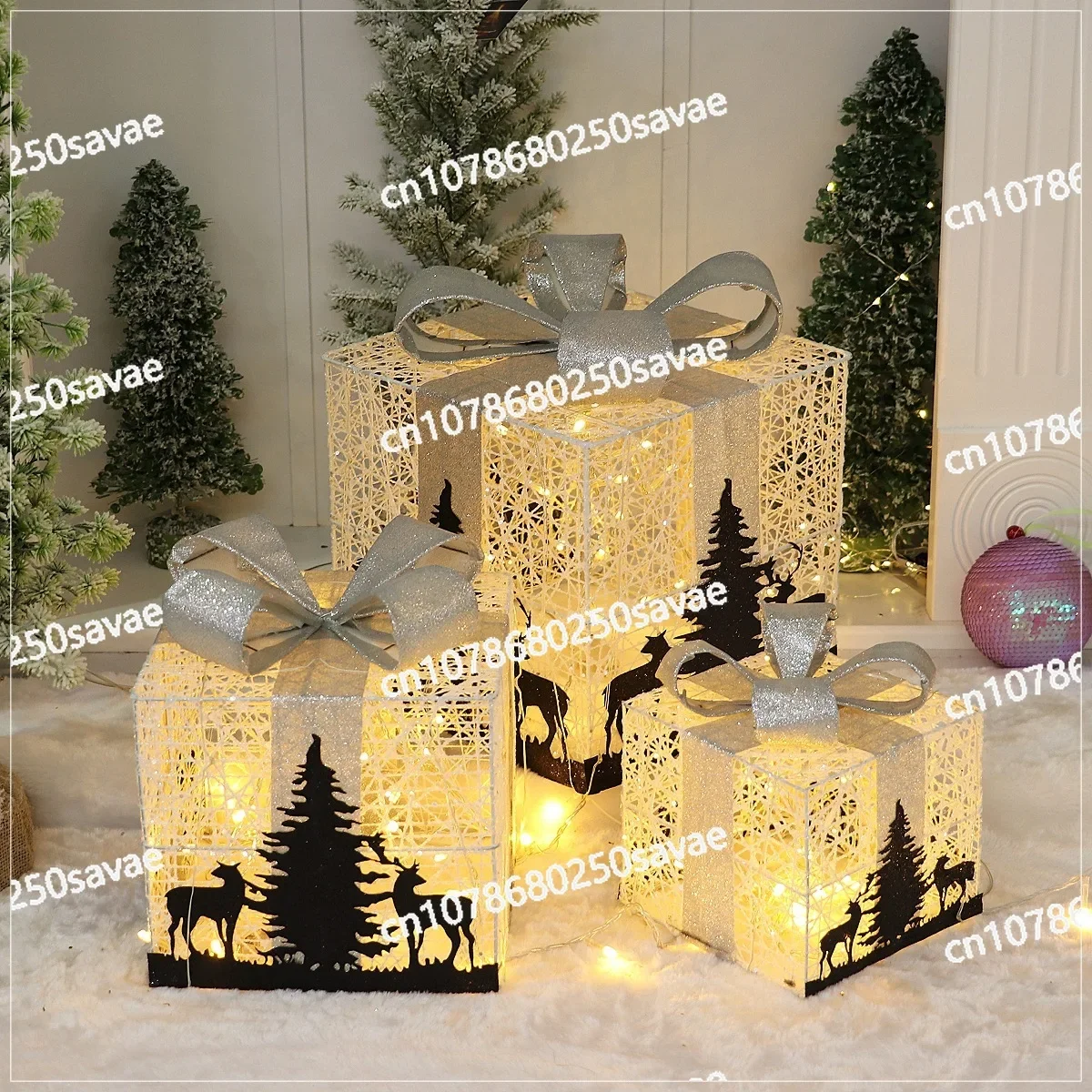 Christmas Gift Box, 3-Piece Luminous Wrought Iron, Stack Head Ornament with Lamp