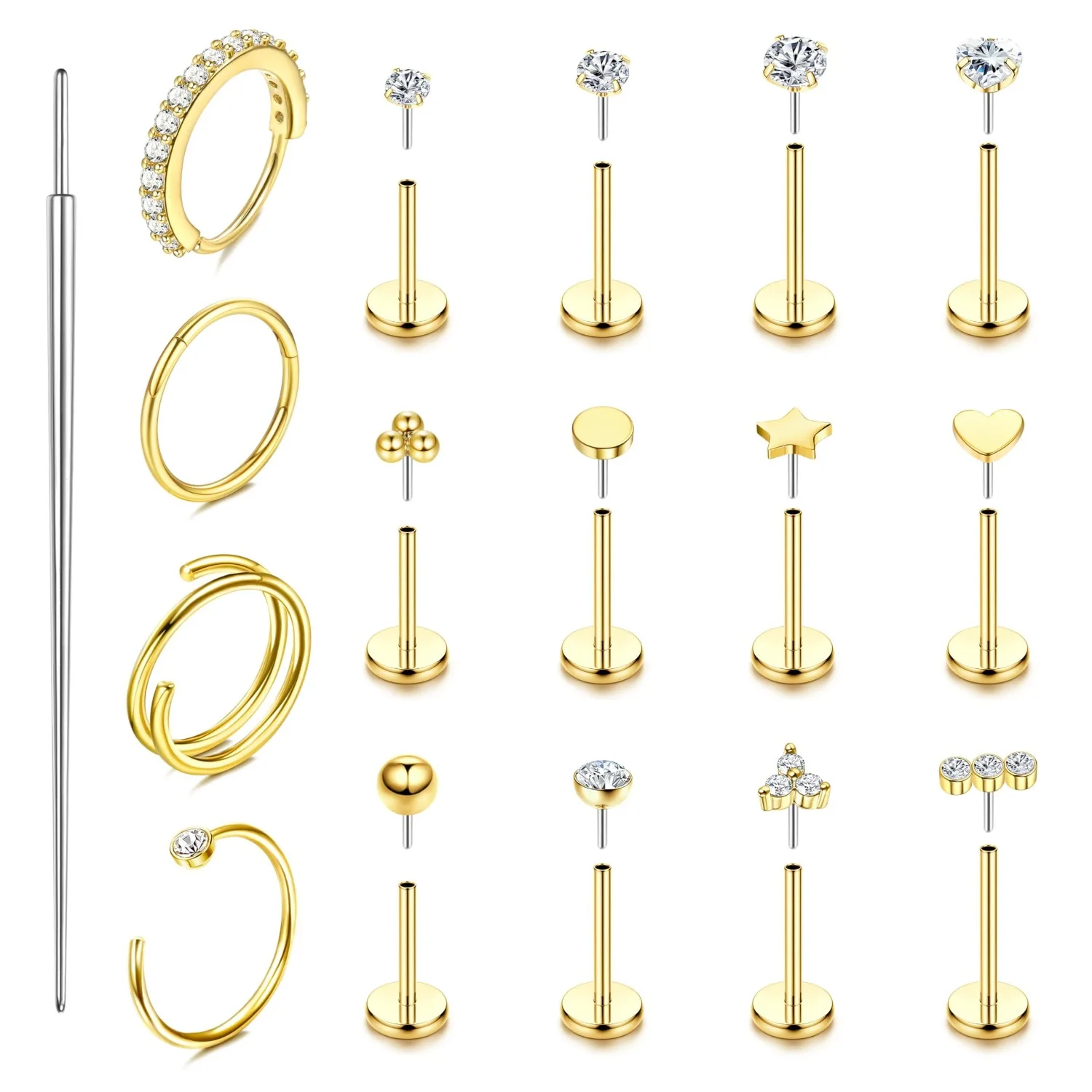 

Drperfect 14K Gold-plated Nose Rings Studs Hoops for Women Men Surgical Steel Earrings CZ Lip Cartilage Nostril Piercing Jewelry