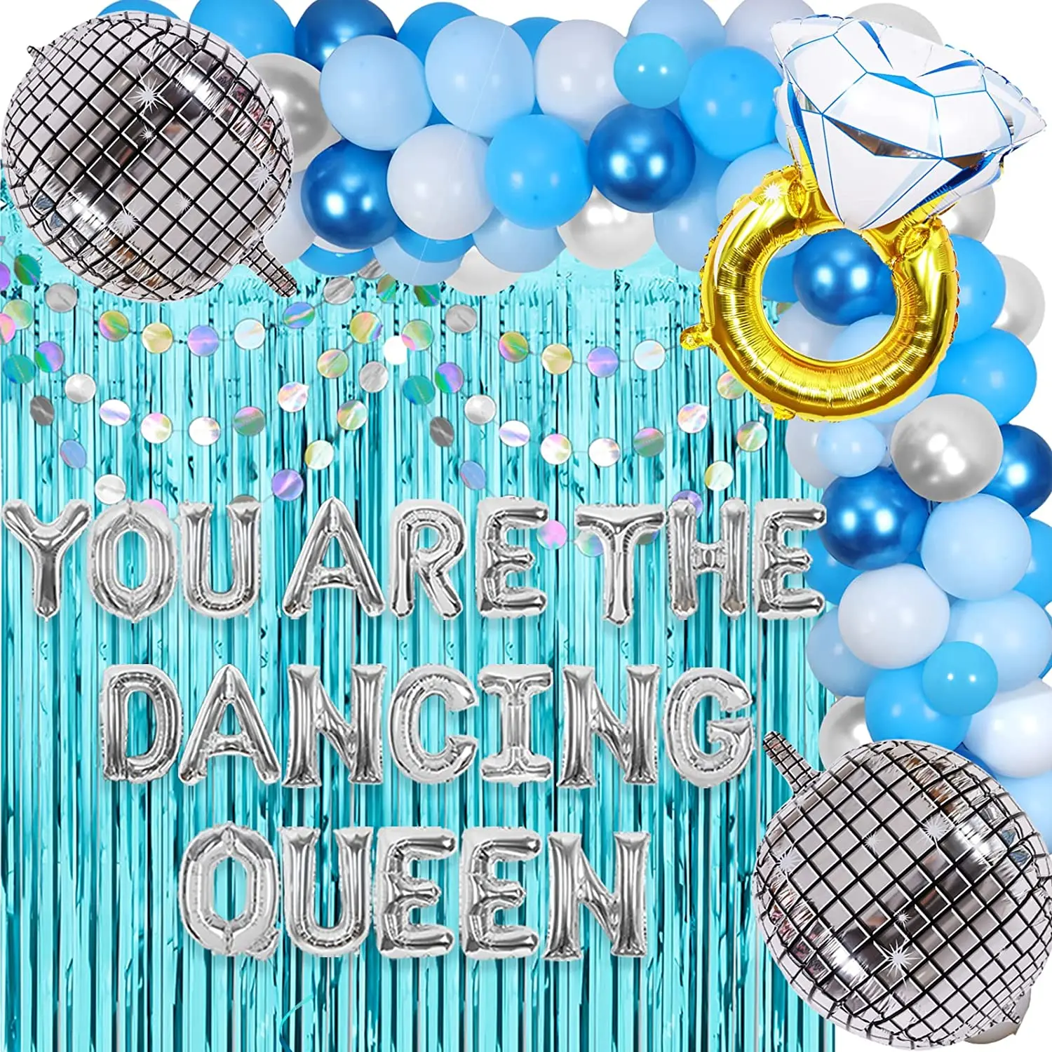 

You Are The Dancing Queen Bachelorette Party Decorations Teal Blue Disco Balloon Garland Kit Fringe Curtain for Bridal Shower