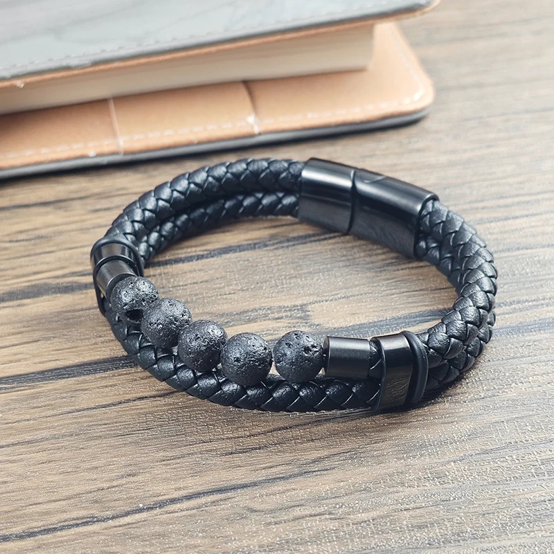 Herren Doppelt Geflochtenes Lederarmband Natürliche Lavastein-Perlen Magnetverschluss Vintage Punk Armband Männerschmuck Geschenk – Detail 4