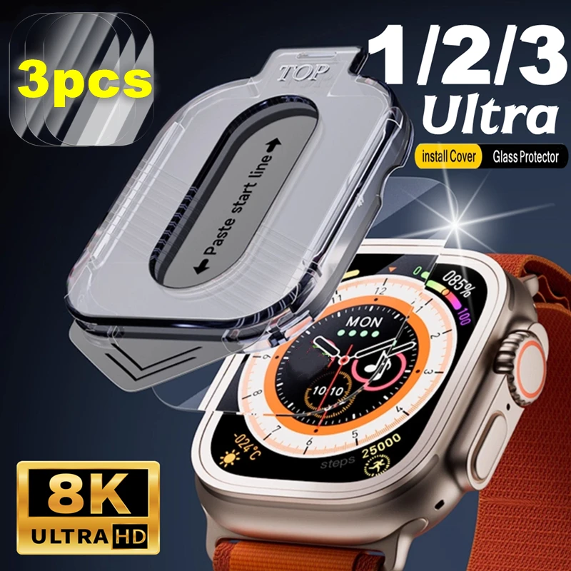 

1/3 шт., простая установка закаленного стекла для Apple Watch Ultra 2 Ultra3, защитная пленка для экрана с защитой от царапин без пузырьков для iWatchUltra 49 мм