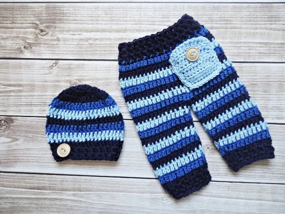 

Special clearance -Newborn boys Pure handmade crochet Striped pullover hat + Pants 2pcs/Set newborn photo prop 0-3month