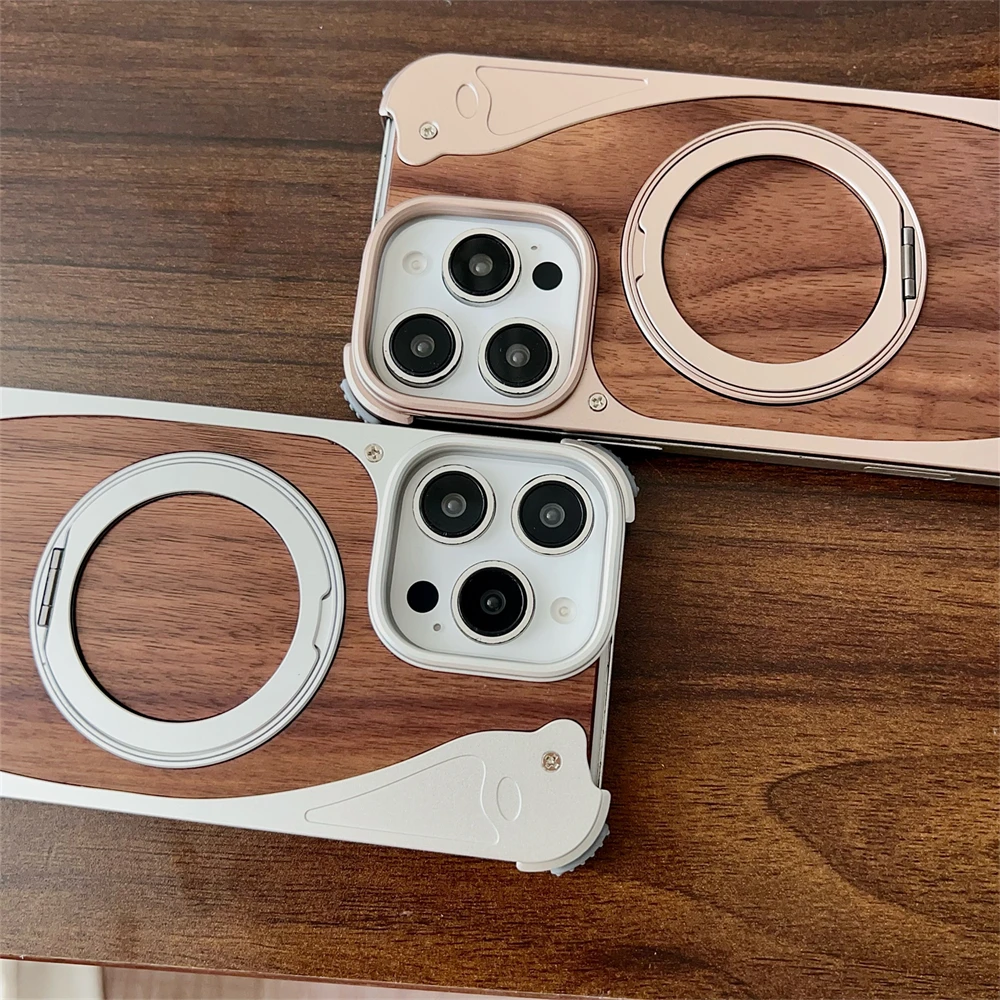 Luxury Metal Frame Walnut Wood Frameless Phone Case For iPhone 18 17 16 15 14 Pro Max Magsafe Magnetic Rotating Bracket Cover