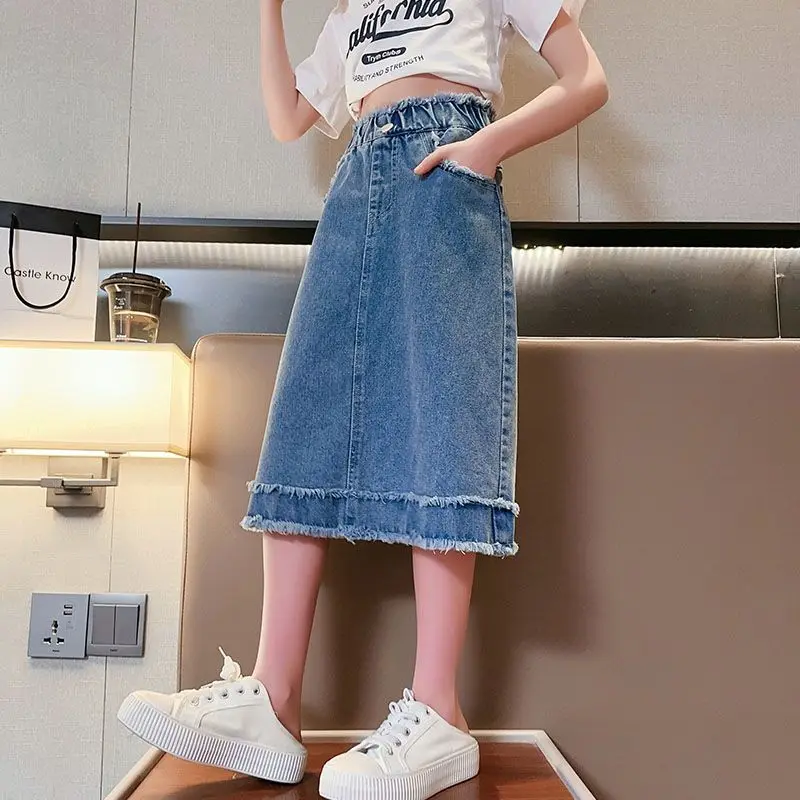 Kids Girls Tassels Mid Length Skirt 2025 New Teenage Girls Casual Denim Jean Skirts Spring Summer Clothing Japanese Korean Style