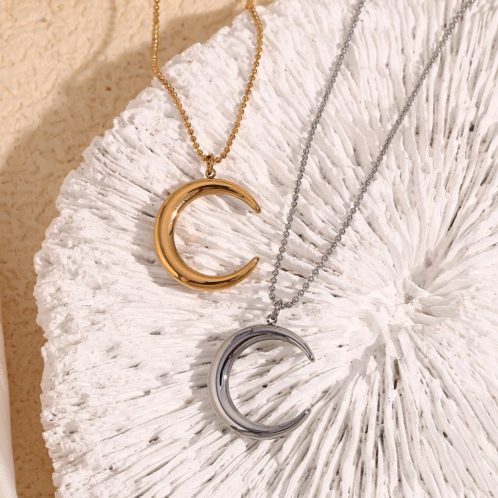 MamacitaSlay Elegant Stainless Steel Moon Pendant Thin Beaded Chain Necklace 2025 Party Waterproof Jewelry Women\'s Elegant Gift