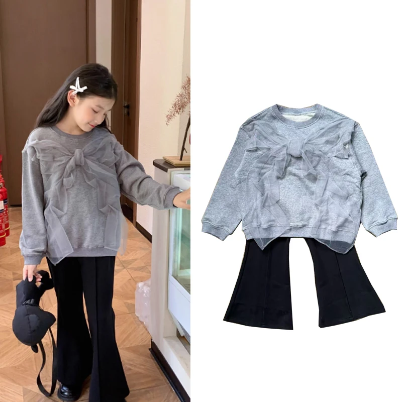 

Aw25 Kids Sweatshirts and Pant Clothing Sets for Girls Cute Lace Bow Sweaters Outwear Clothes