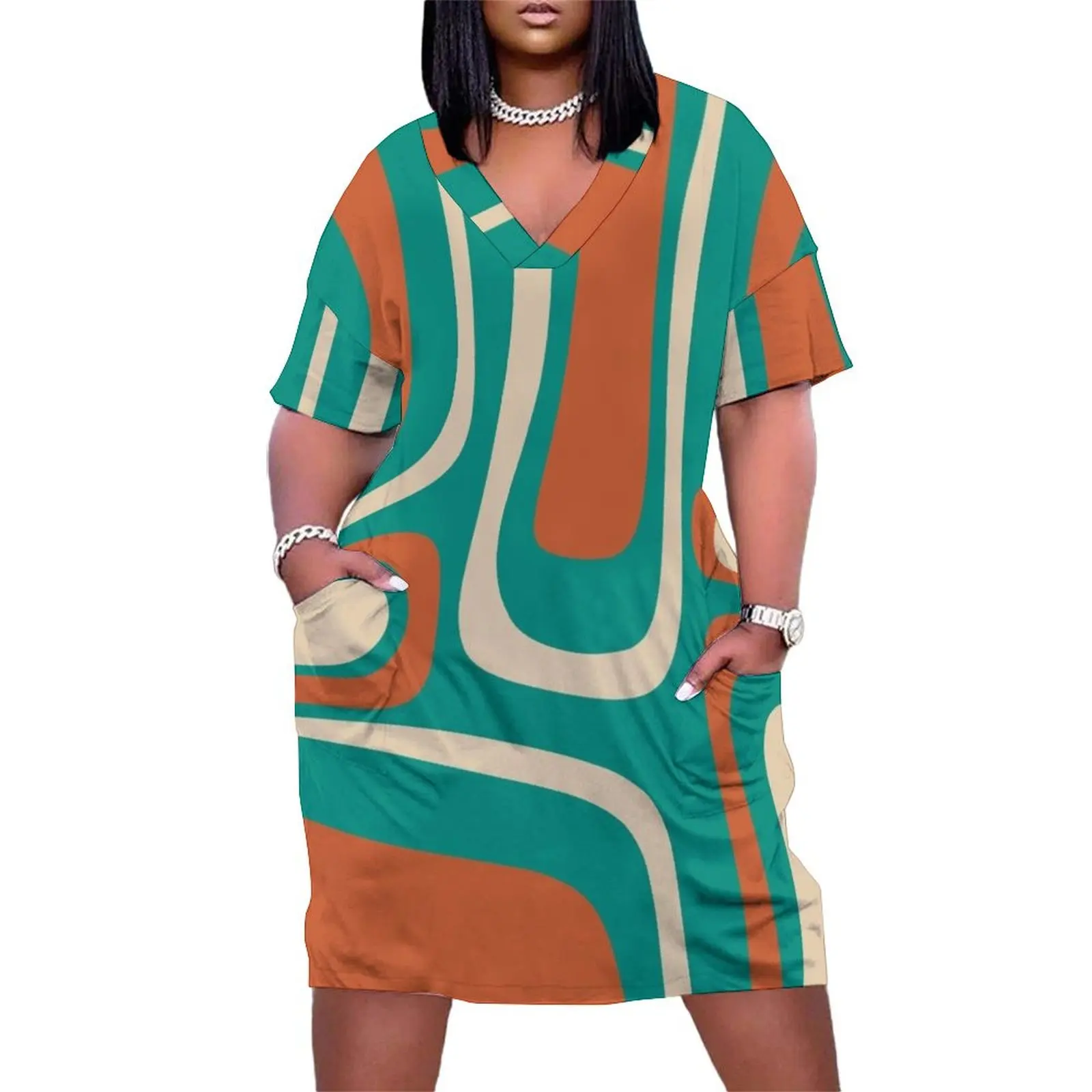 

Palm Springs Retro Midcentury Modern Abstract Pattern in Mid Mod Orange, Turquoise Teal, and Beige Loose Pocket Dress