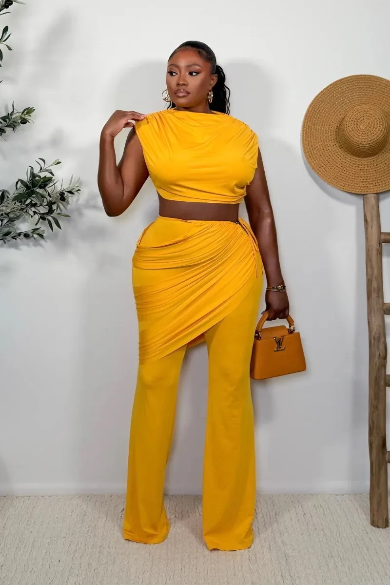 

Women Solid Casual 2 Piece Set Ruched O Neck Sleeveless Vest Crop Tops + Metal Wire Pleated Wrapped Split Flare Pants Suits