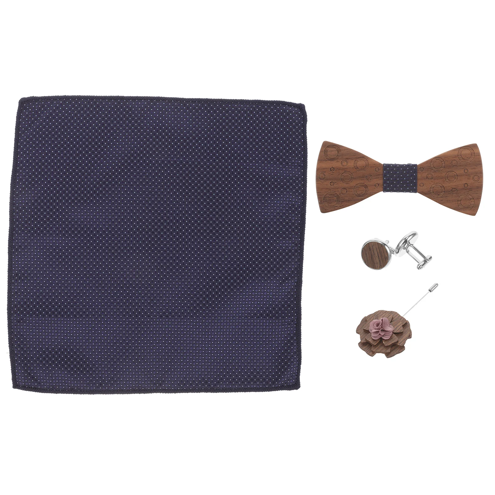 

1Set Men Wooden Bowtie Set Handkerchief Cufflinks Lapel Pin Fashionable Gentleman Gift Wedding Business Elegance