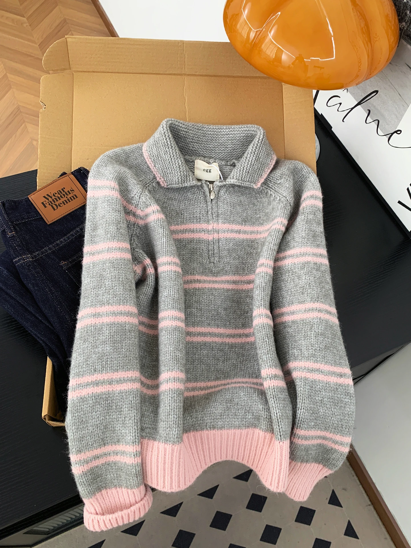 

Милый корейский полосатый вязаный свитер, женский повседневный воротник на молнии, мягкий уютный осенне-зимний топ, теплый излучающий