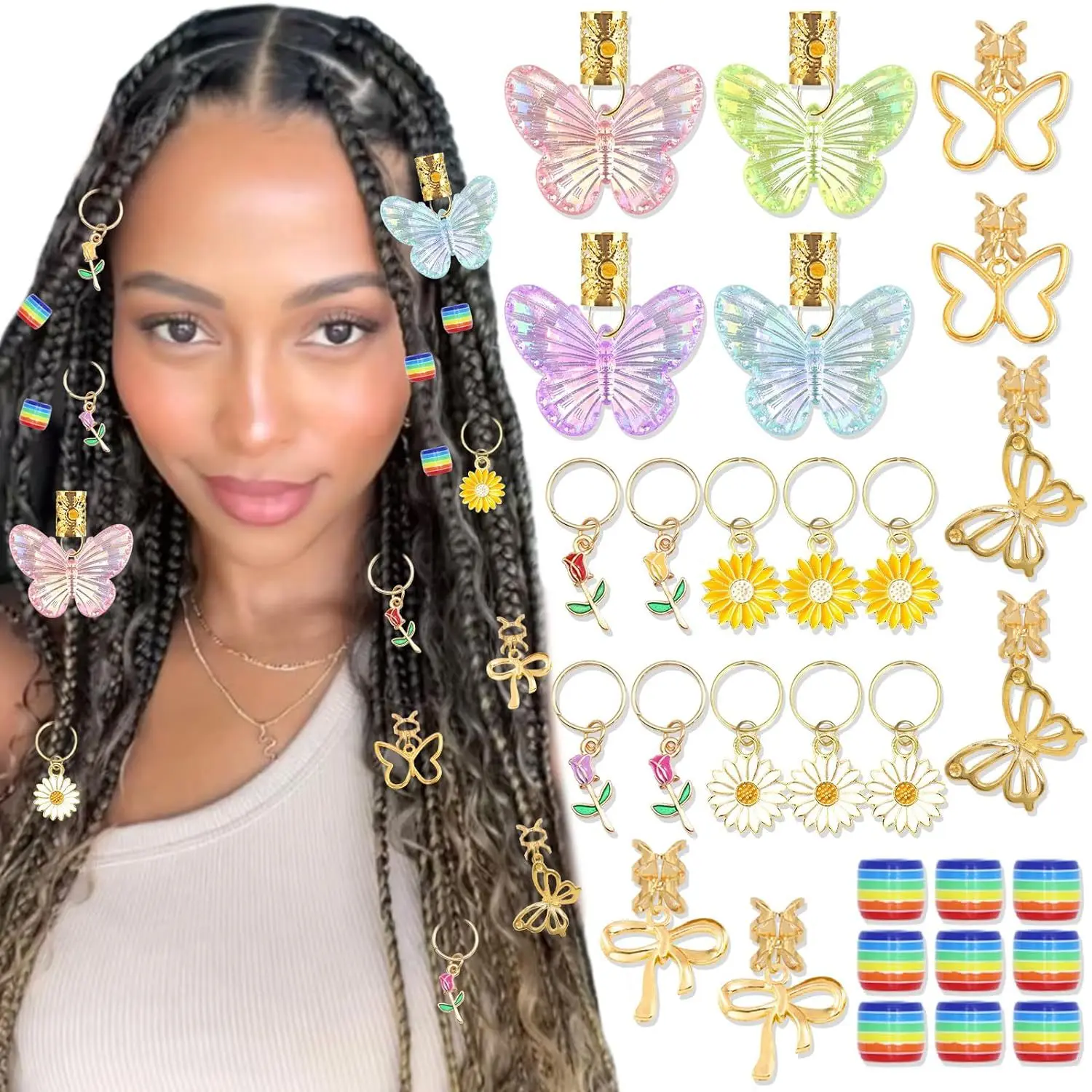 

30Pcs/bag Colorful Butterfly Pendant Hair Rings Set - Macaron-colored Wig Dreadlock Accessories with Daisy Flower Pendants
