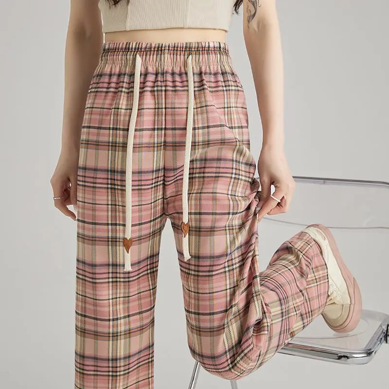 

2023 Women's Clothing New Printing Office Lady Spring Summer Thin Fashion Loose Elastic Waist Casual Plaid Lacing Wide Leg Pants