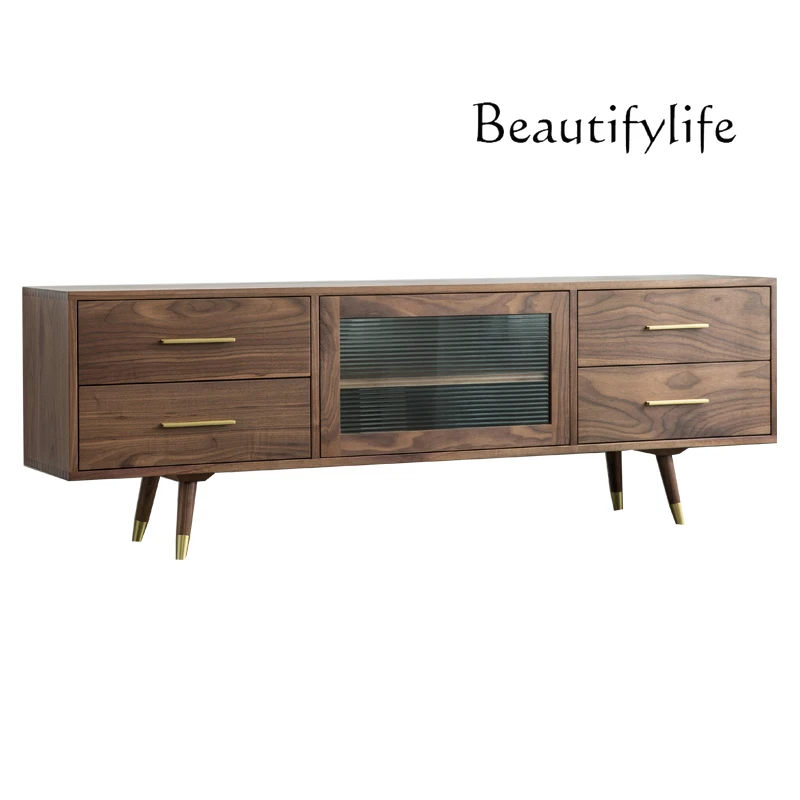 

Solid Wood Tea Table Combination Black Walnut Living Room TV Floor Cabinet Cherrywood Copper Feet Audiovisual Cabinet