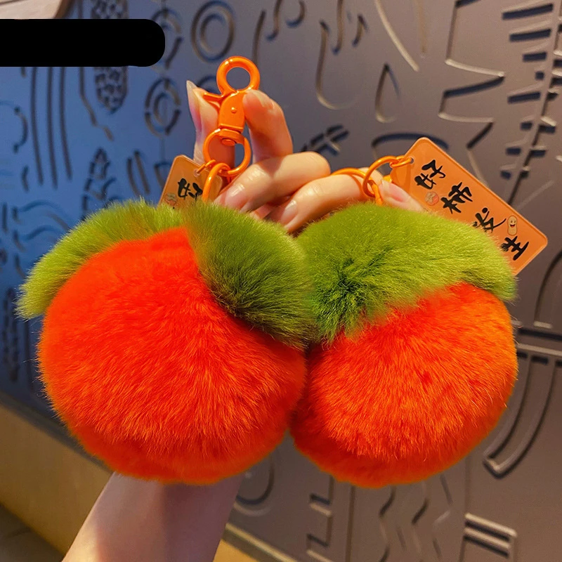 Novelties Korean Rex Rabbit Hair Fruit Persimmon Car Key Chain Backpack Ornaments Cute Keychain Soft Feel Decompression