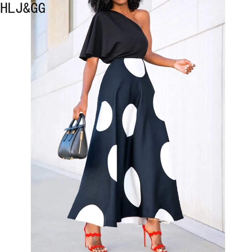 

HLJ&GG Elegant Polka Dot Printing OL Dresses Women One Shoulder Sleeveless A-line Vestidos Spring New Loose Office Lady Clothing