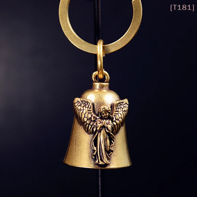 [E] Brass Fashion Guardian Angel Wings Bell Motorcycle Bell Keychain Men's Biker Exorcist  Lucky Jewelry