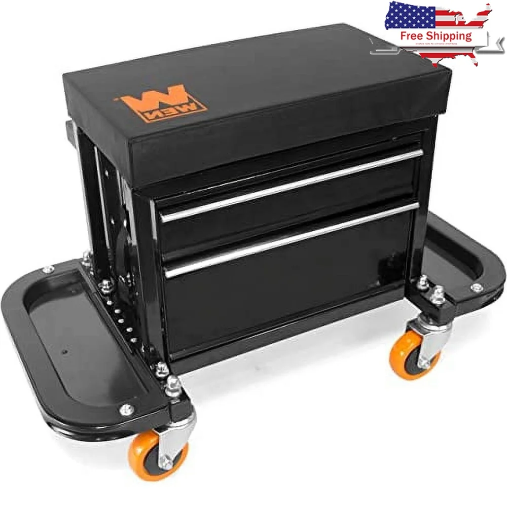 

400 Pound Capacity Rolling Tool Chest Seat with Storage Pouch Magnetic Trays Padded Drawers Garage Glider Caster Wheels