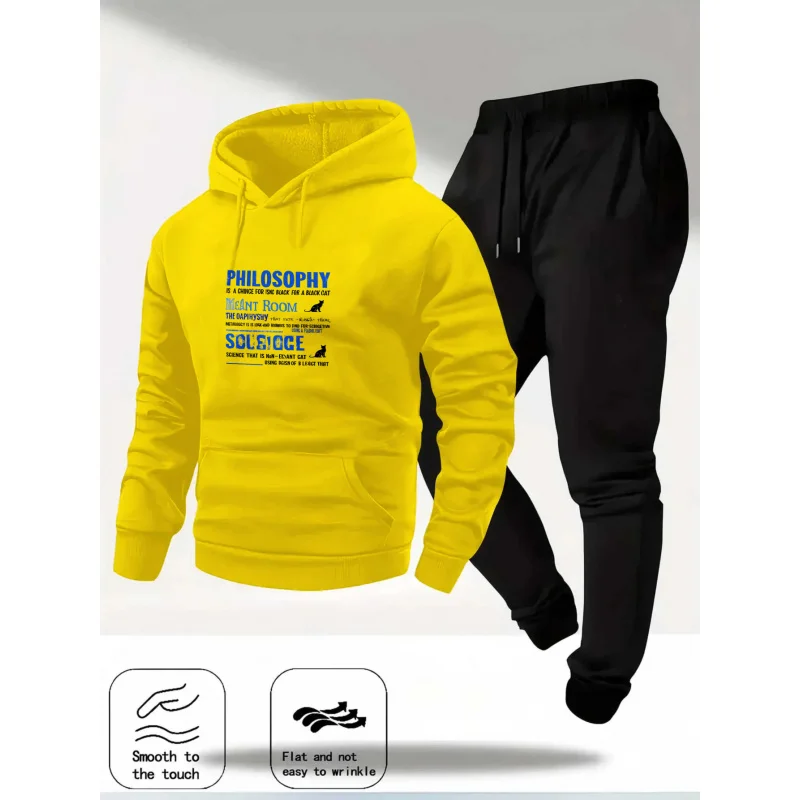 طقم هوديي أصفر مطبوع Prima Il Caffe Poi Facio Cose تصميم نص لباس غير رسمي لمحبي القهوة سويت شيرت وسراويل مريحة #4