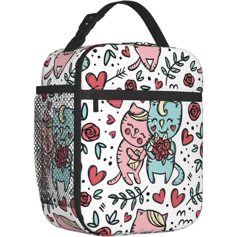 

Cat Couple Valentine Day Theme Portable Lunch Bag for Women/Men Insulated Reusable Cooler Box for Office Work School Picnic