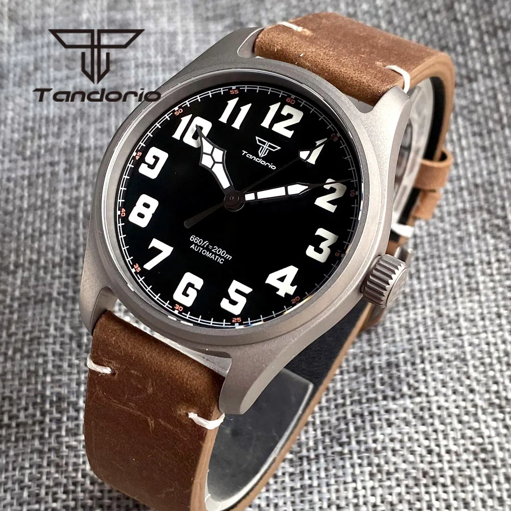 Tandorio Titanium Case Sapphire Glass Light Weight 39mm Pilot 200m Automatic Dive Watch for Men Screw Crown Leather Luminous