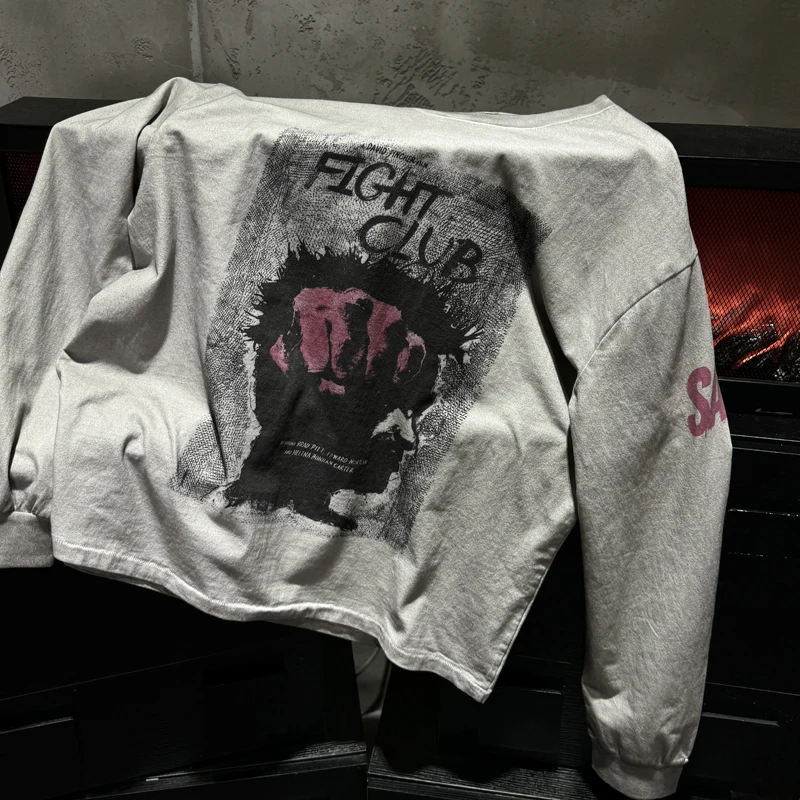 Washed Long Sleeve Fight Club T Shirt Men Women Saint Streetwear T-shirt High Quality Loose Cement Gray Cotton Tops Tee