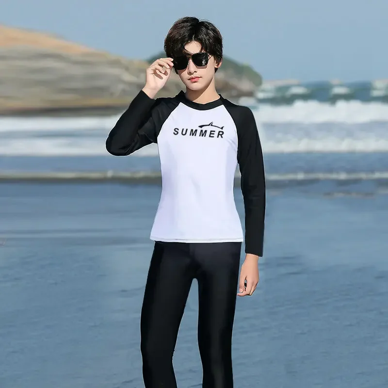 Costume da bagno estivo per bambini, protezione solare, costumi da bagno a maniche lunghe, lettera da ragazzo, muta sportiva da sub, costumi da bagno ad asciugatura rapida
