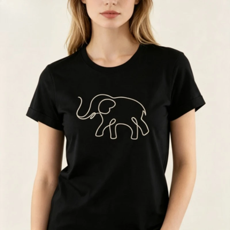 Women Cotton T-Shirt Minimalist One Line Elephant Graphic Tee Boho Line Art Animal Print Elephant Lover Casual Crew Neck Tops