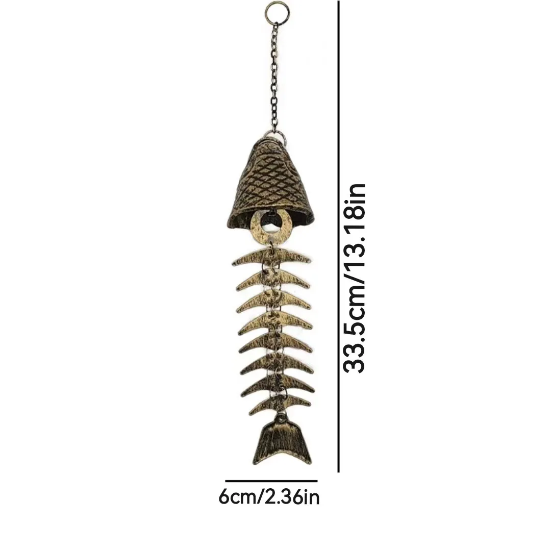 Cast Iron Fish BoneWind Chimes, VintageSkeleton Windchime with SoothingMelody, Outdoor Hanging Decor for GardenPatio Yard Porch