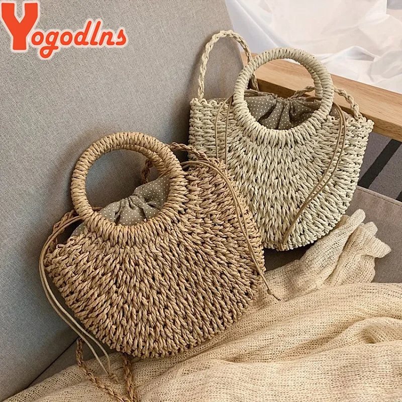 Yogodlns borsa di paglia intrecciata in Rattan semicircolare fatta a mano borse a tracolla Messenger da donna estive borsa da spiaggia piccola per