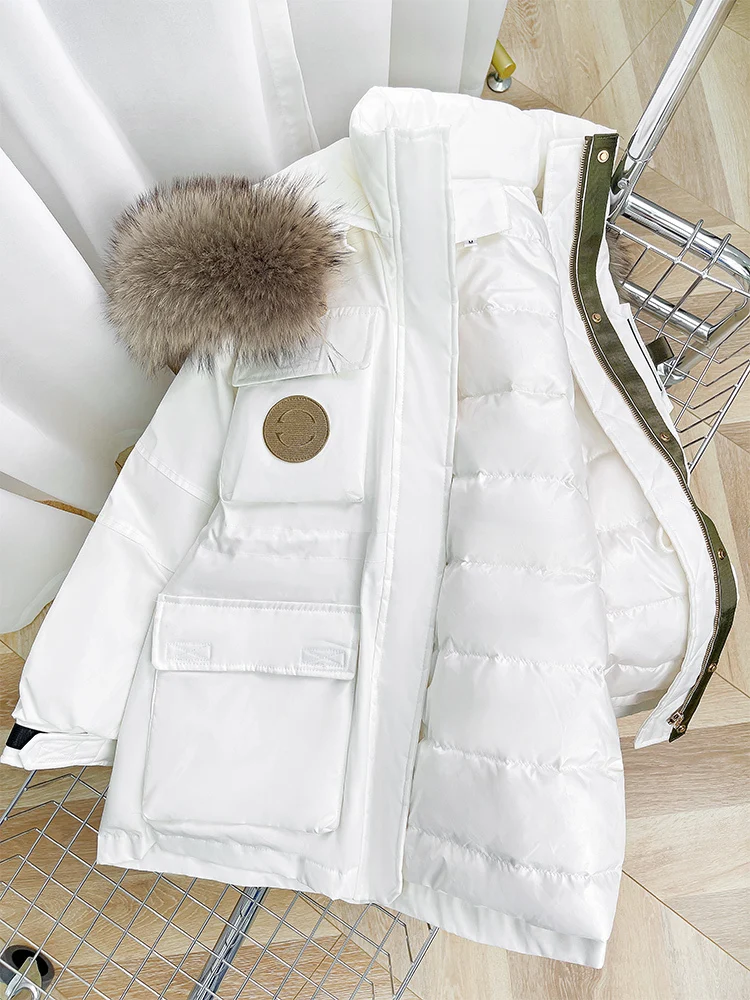 2023 Women Winter Thick Warm Puffer Coat White Duck Down Medium-Long Jacket Female Hooded Loose Parka Real Raccoon Fur