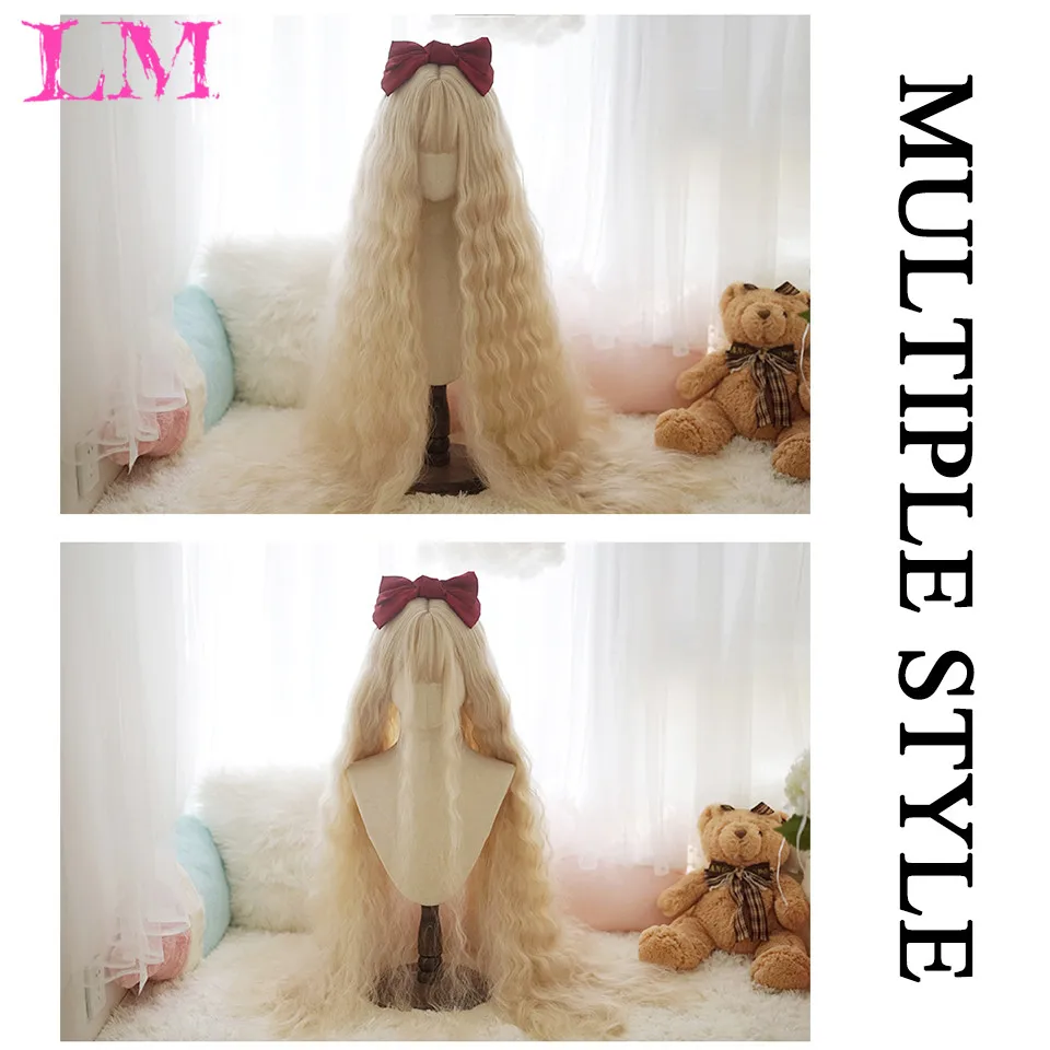 LM 47 inç uzun doğal dalgalı platin sarışın peruk patlama Cosplay parti Lolita sentetik peruk kadınlar için ısıya dayanıklı iplik