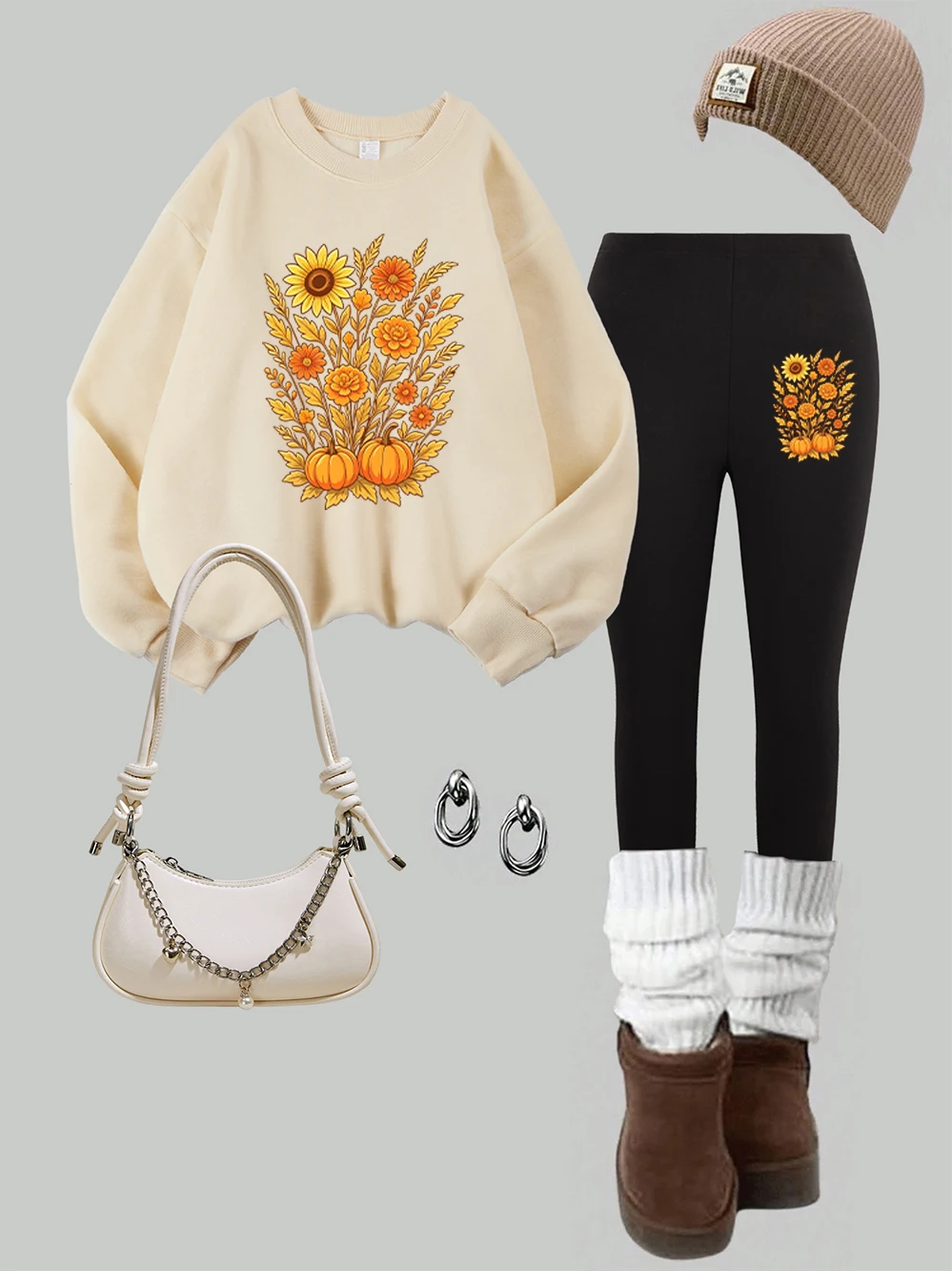 2Pcs Leggings Sweatshirt Set Women Fall Pumpkin Sunflower Floral Prints Hoodie Autumn Pocket Loose Tops Casual Slim Trousers