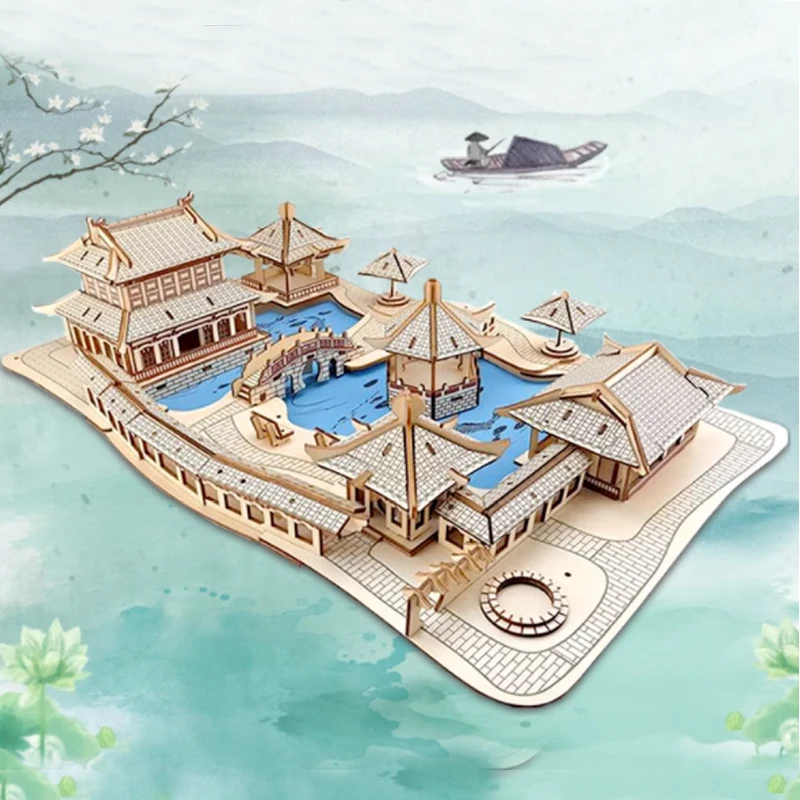 Diy modelo brinquedos 3d quebra-cabeça de madeira arquitetura chinesa suzhou jardins kits de madeira jogo de quebra-cabeça montagem brinquedos presente para crianças p46