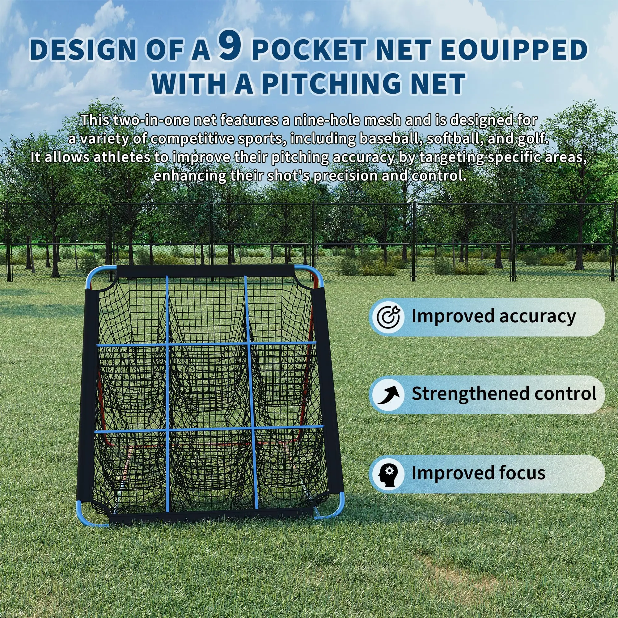 Baseball Rebounder Net with 9-Pocket - 12 Angle Adjustable Training Net for Pitching Practice, Soccer, Volleyball, Basketball Rebounds, All-Sports Training Aid