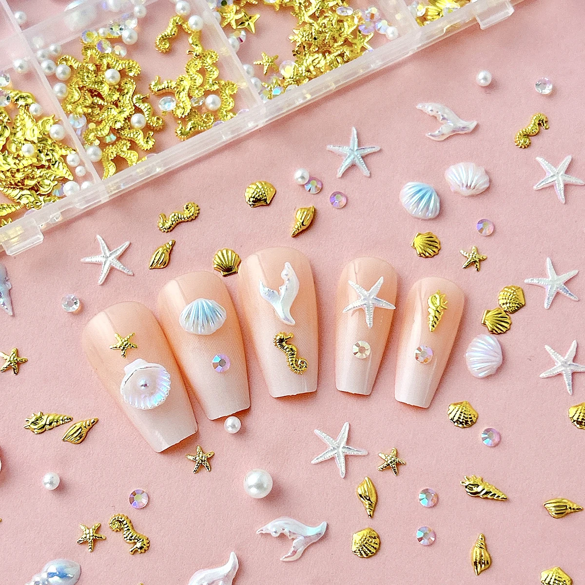 1Box 3D Creative Sea Star Shell Tail Resin Nail Art Accessories Mini Gold Seahorse Conch Thin Flakes Alloy Nail Charms DIY Nails view 3