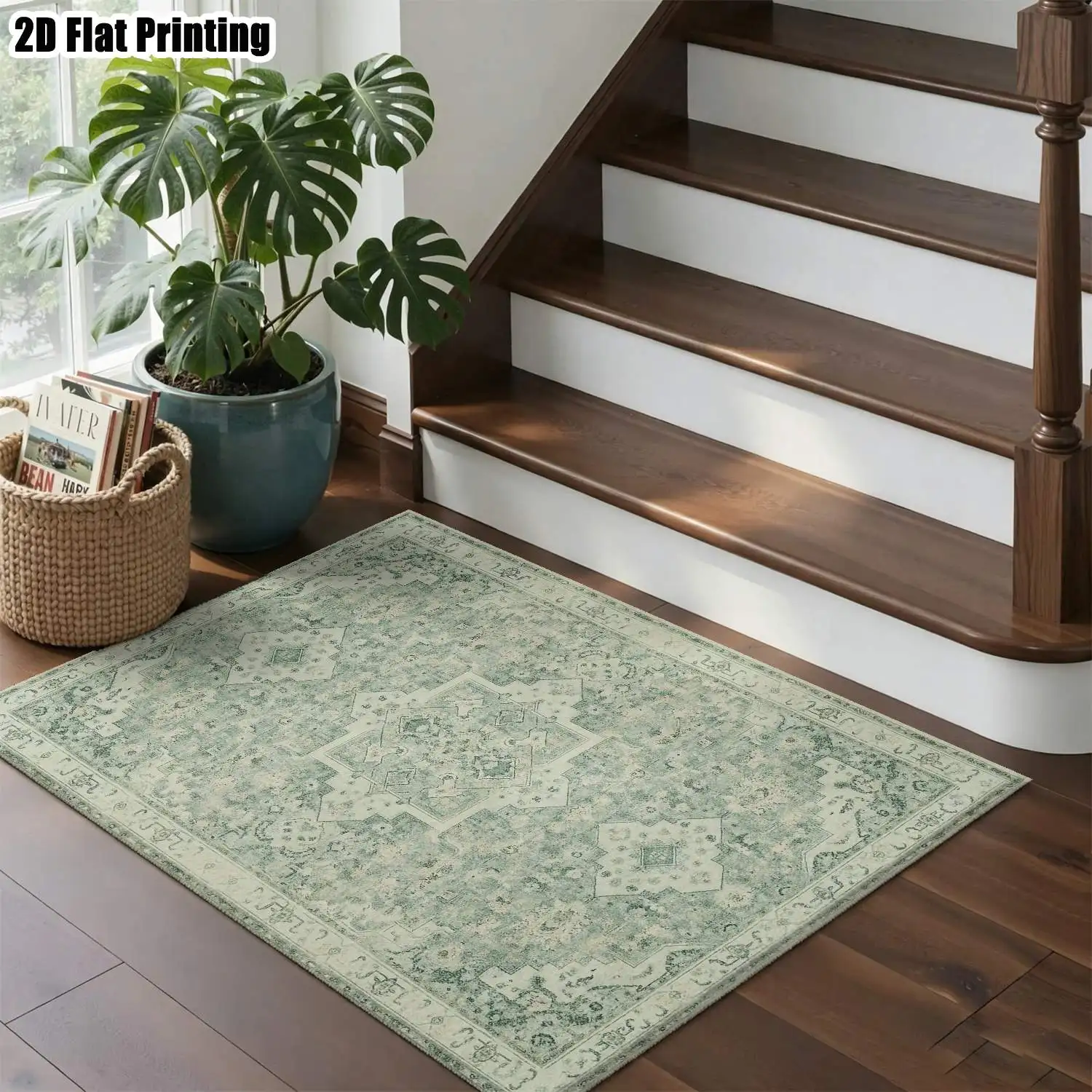 1Pc 2D Printed Retro Light Green Geometric Pattern Carpet: European Style, Modern Minimalist, Machine Washable, Multi-Size, Suitable for Entrance, Living Room, Bedroom, Dining Room, Foyer as Floor Mat/Home Decoration