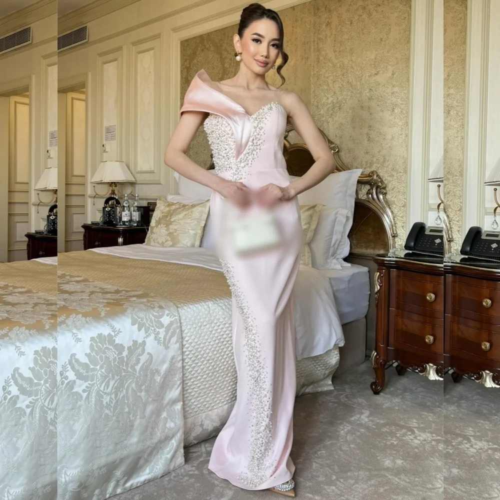 

Customized Elegant Exquisite Charmeuse Sequined Pleat Trumpet Off-the-shoulder Long Dresses Bespoke Occasion Sexy