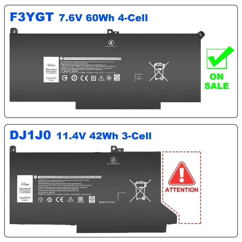 F3YGT DJ1J0  Laptop Battery  for Dell Latitude 12 7000 7280 7290/13 7000 7380 7390 P29S002/14 7000 7480 7490 60WH Battery