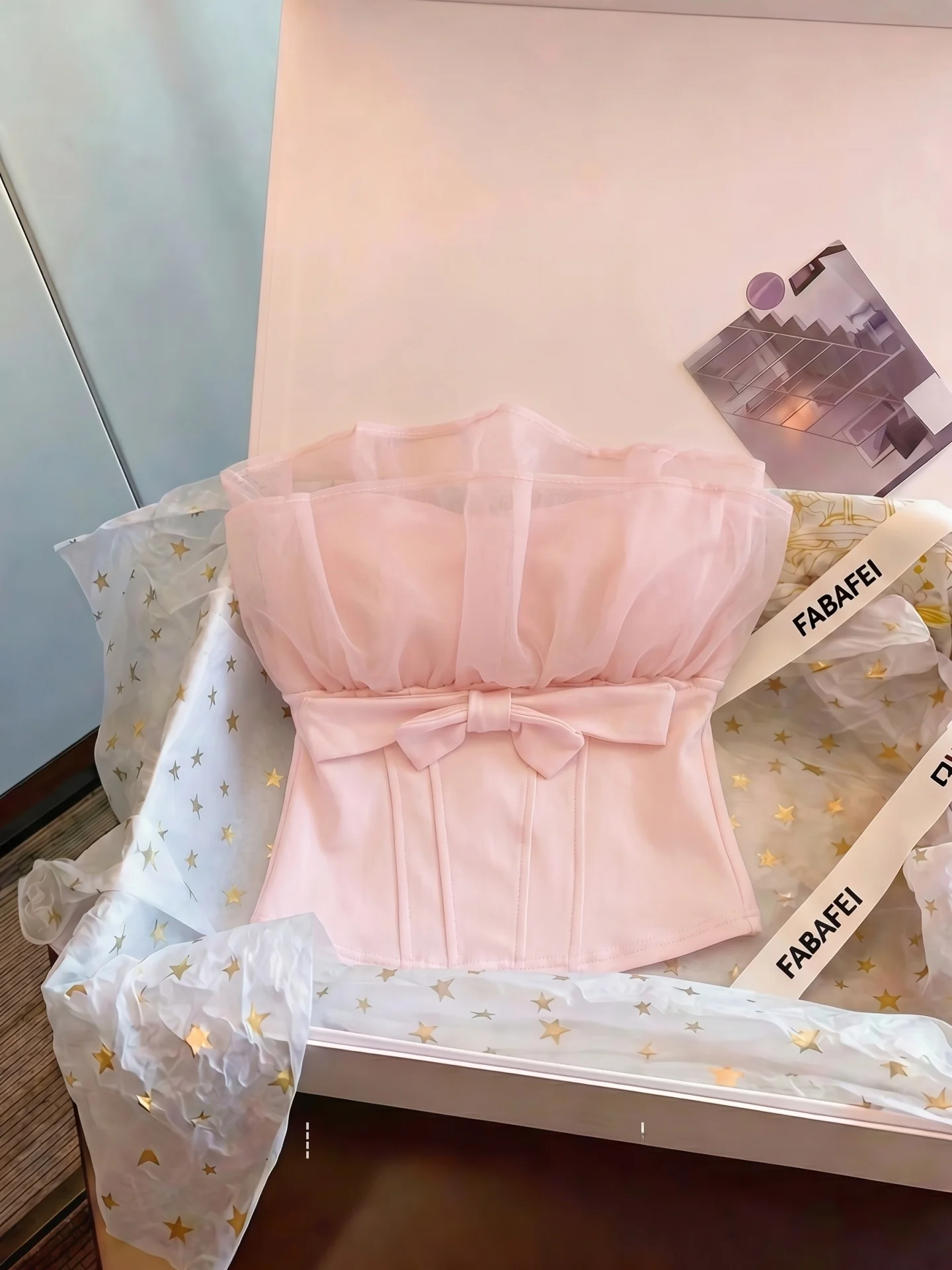 Ballet Girl Style Mesh  Knot Tube Top Women's Summer Fishbone Waist Cinching Short Sleeveless Shirt French Phoebe Brand