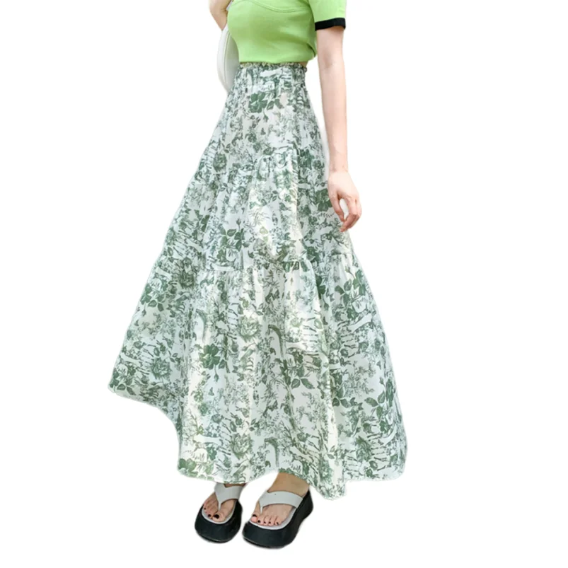 

Summer Cotton A-Line Sweet Fresh Green Print Lotus Leaf Side Dress Temperament High Waist Elegant Vintage Feminine Vestidos