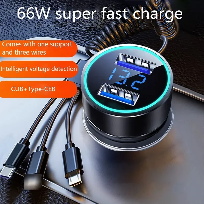 2 Ports USB Fast Car Phone Charger 3.1A with Voltage Display Car Three In One USB Retractable Charging Cable