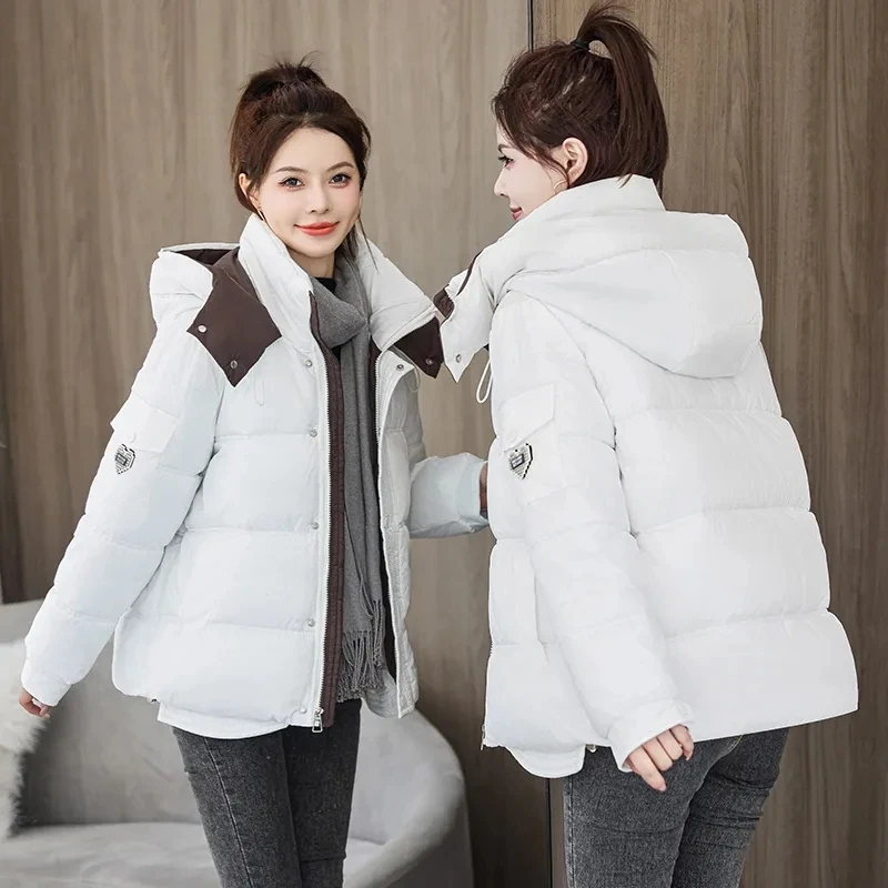 White Parka Short Down Cotton Jacket For Women 2024 New Winter Fashion Hodded Loose And Small Thick Warm Quilted Cotton Jacket