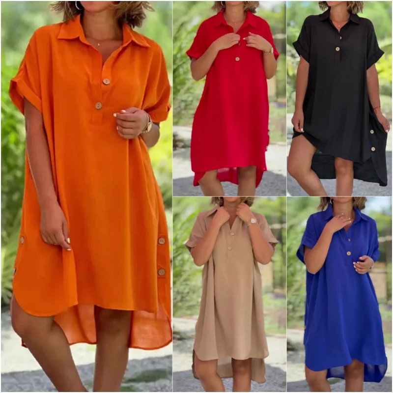 Casual cor sólida polo colar botão comprimento irregular vestido