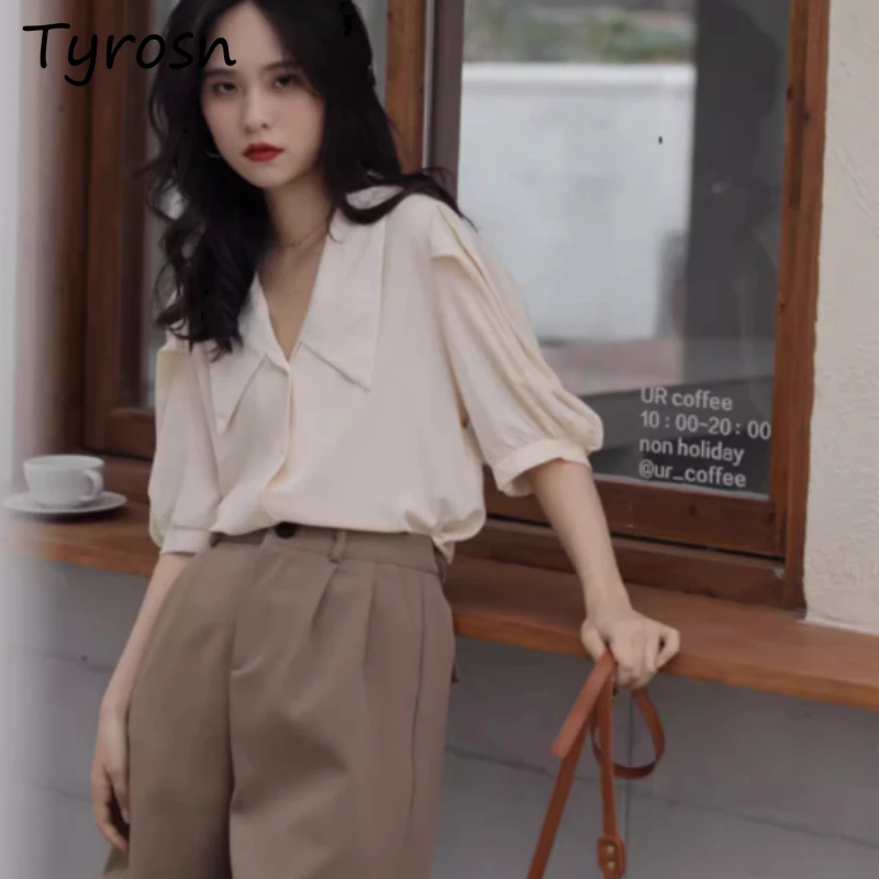 Camicia da donna elegante delicata e tenera da ufficio Lady Summer leggero puro pendolarismo bottone con colletto rovesciato in stile coreano classico