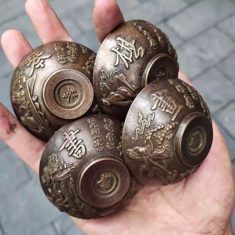 

Copper Bowl Retro Qing Dynasty Palace High Relief Calligraphy and Painting Copper Bowl Cup Set of Four Home Decorative Ornaments