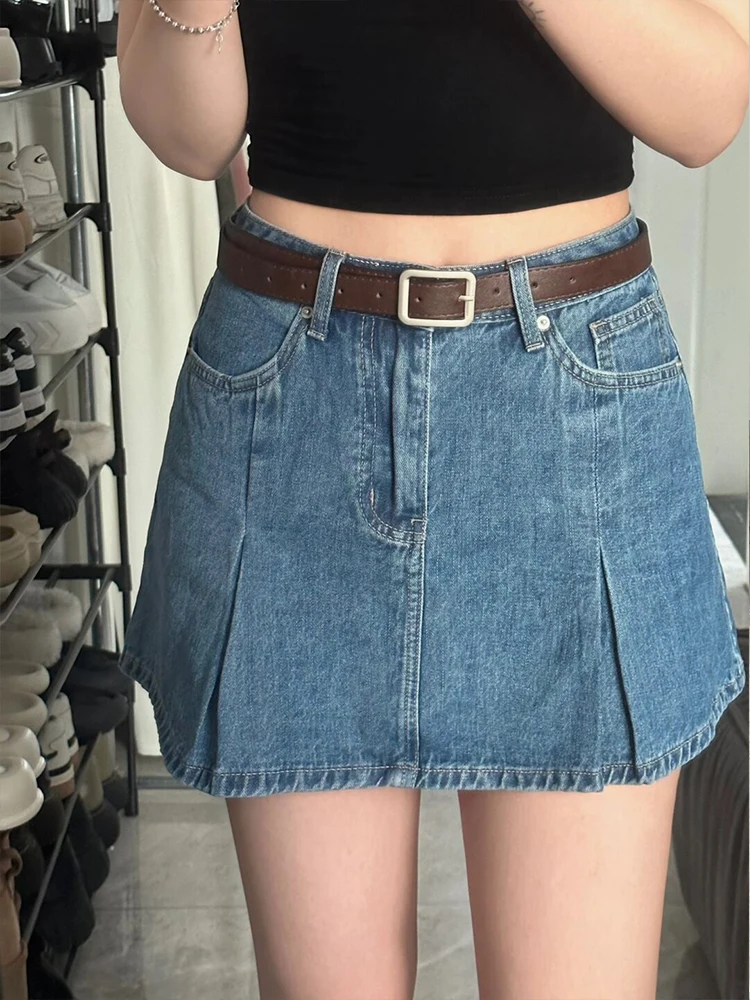 Spódnica jeansowa plisowana Spicy Girl, damska, z wysokim stanem, zapobiegająca prześwitywaniu, mały rozmiar, fason A-line, podkreślająca figurę, styl koreański, do pracy.
