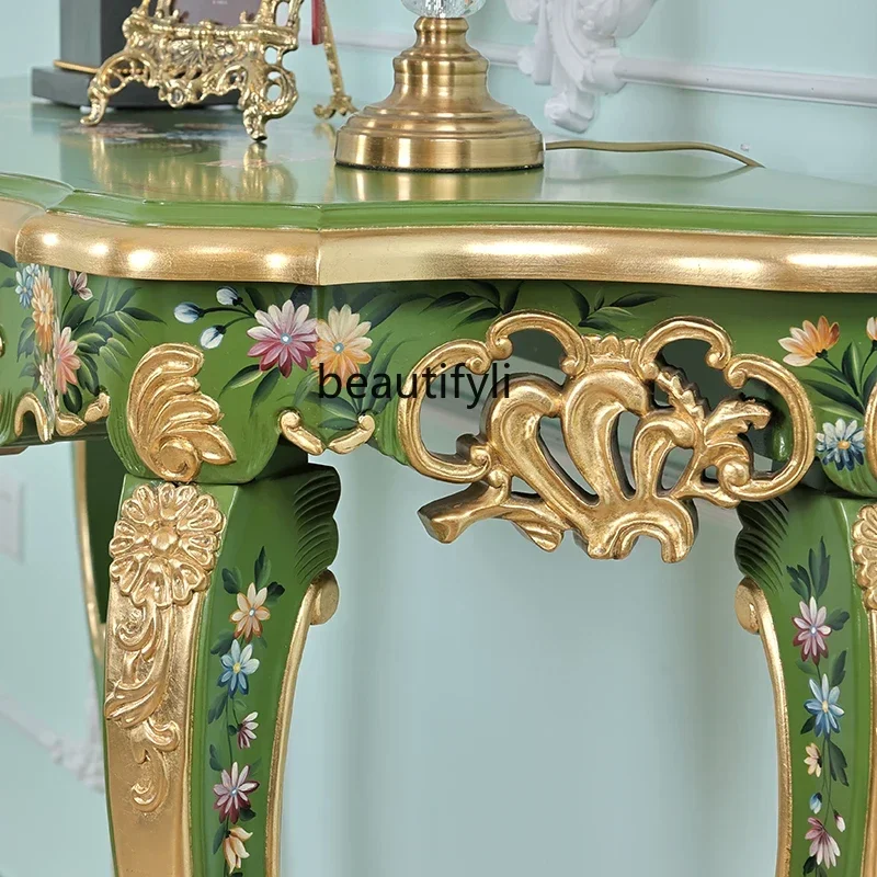

French court entrance table solid wood heavy industry painted flowers 1.3 meters foyer decorative entrance platform a16