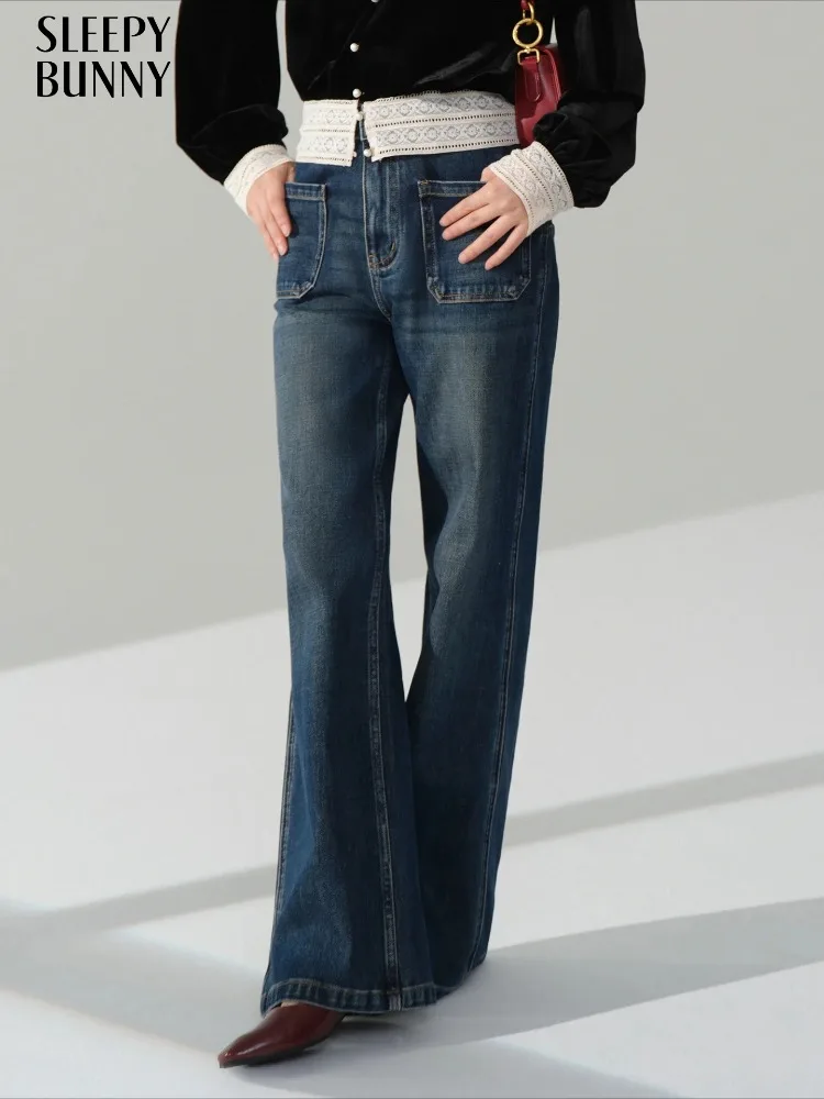 

French Fleece Lined Denim Pants Women High Waist Flared Straight Jeans Warm Thickened Casual Long Trousers Autumn Street Outfit