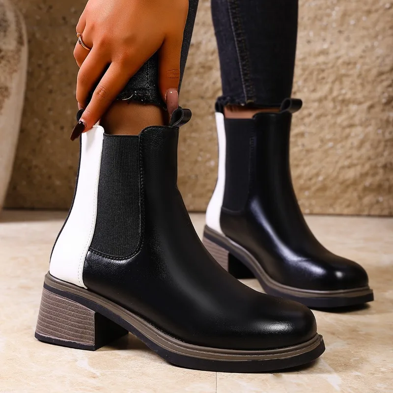 أحذية جلدية جديدة ذات أكمام ناعمة وكعب غير قابل للانزلاق للخريف والشتاء أحذية بمقدمة مستديرة